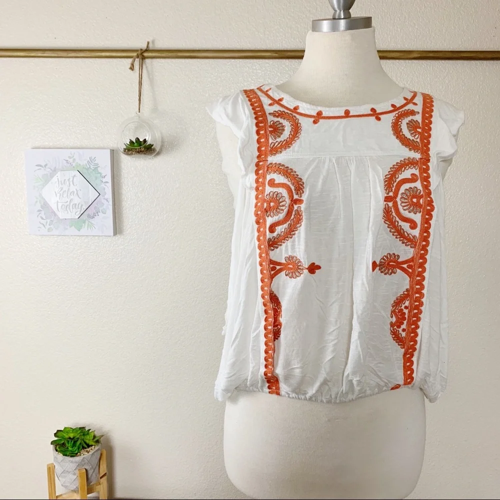 Free People Dos Sequndos Top Ivory Sz M‎ Embroidered Orange